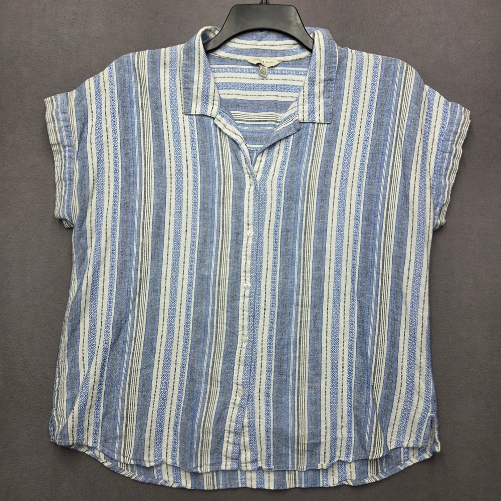 Lucky Brand Womens Medium Blue White Striped Linen Blend Button Down Shirt